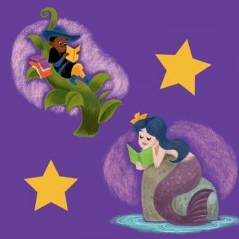 A boy reads on a beanstalk and a mermaid reads on a rock.