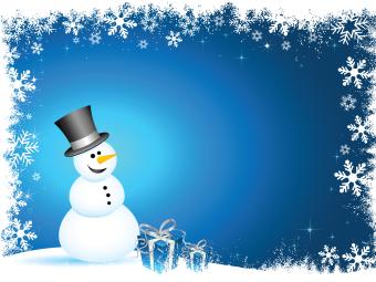blue background with white snowflakes and snowman