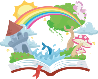 open book with castle, rainbow, mermaid, unicorn, etc. coming out of the pages