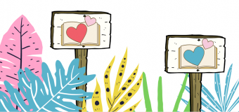 Signposts with hearts, placed among various colored plants.