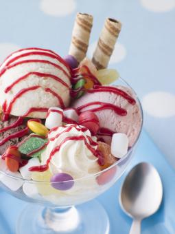 Photo of a an ice cream sundae and spoon.