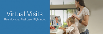 Text: Virtual Visits with Image of Woman and Daughter Utilizing Virtual Visit from Home LapTop