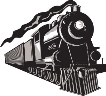 front of old train with steam. black and white