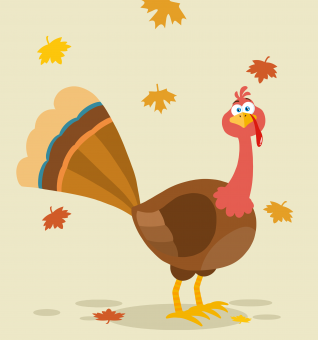 This is an image of a turkey with leaves falling in the background.