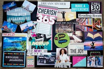 Vision board with photos and text cut from magazines
