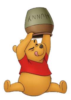Character winnie the pooh,a cartoon bear wearing a red shirt, reaches into a pot of honey