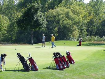 Golf bags and golfers.