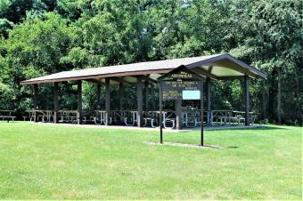 Picnic shelter and playground equipment.