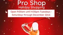 Red and white Christmas themed flyer advertising the pro shop holiday hours.
