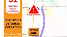 Road work detour map for Scott County Park, Pioneer Village and Glynns Creek Golf Course