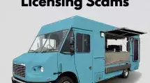 Blue food truck with text that reads "beware of food licensing scams"