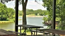 View of the lake from inside the picnic shelter.