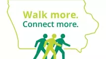 Logo for Walk More Connect More:  three figures walking across an outline of the state of Iowa