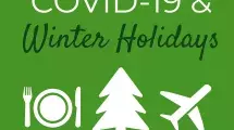 COVID-19 winter holidays with tree, airplane, plate images