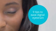 Text '9 Tips to Ease Digital Eyestrain' image of woman closing eyes