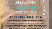 Flyer showing a pregnant person's belly in the background and describes event details