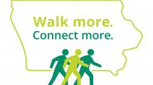 Logo for Walk More Connect More:  three figures walking across an outline of the state of Iowa