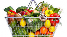 Grocery basket full of healthy fruits and vegetables.