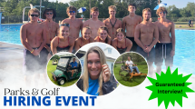 Photo collage of seasonal workers. Includes lifeguards, maintenance, camp counselor.
