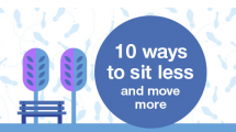Digital image of park bench with text "10 ways to sit less and move more"