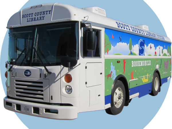 Image of Bookmobile with blue circle in the background