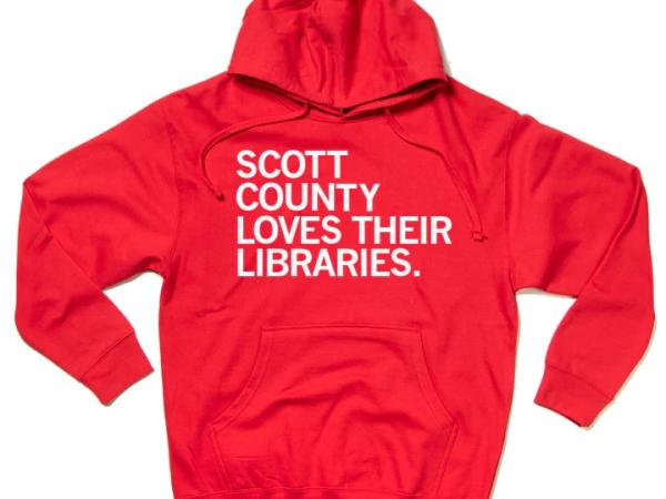 This is a hooded sweatshirt that says Scott County Loves Their Libraries