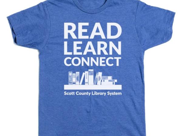 This is a shirt that says Read Learn Connect and Scott County Library System.