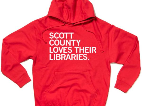 This is a hoodie sweatshirt that says Scott County Loves Their Libraries. 