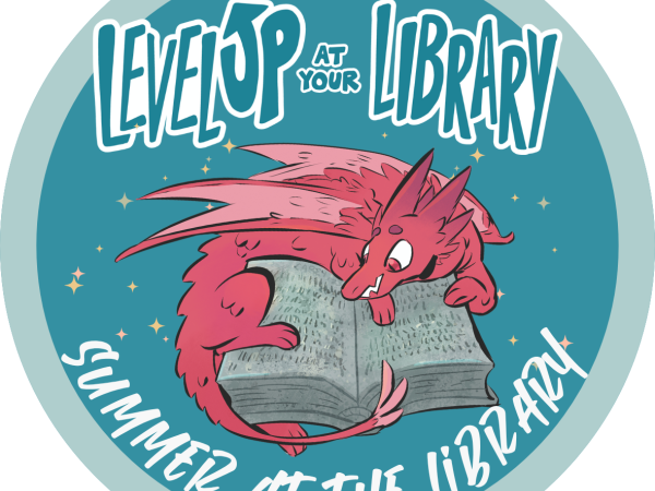A red dragon reading a book, with a teal background