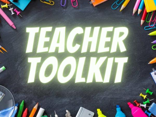 Notebooks, pencils, paper clips, and other school supplies form the border of a chalkboard, with Teacher Toolkit written on it.