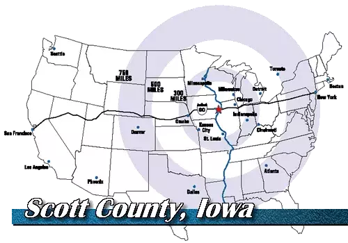 Map of the United States showing the location of Scott County represented by a star.