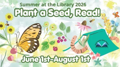 Text "Plant a Seed, Read!" on an illustrated garden background with butterflies, bugs, and books.